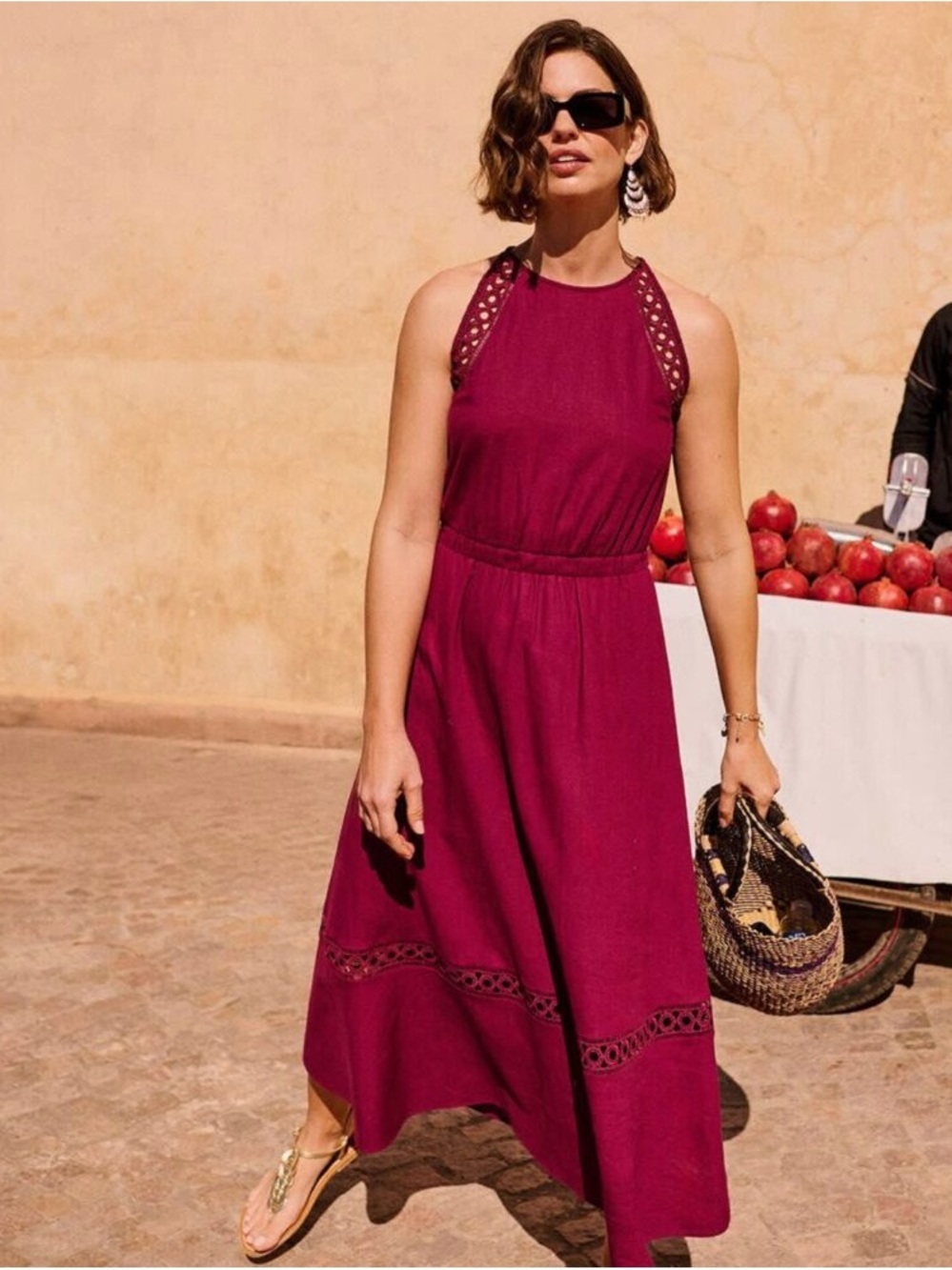 RW&CO. Fuchsia Halter linen blend Maxi Dress with Lace Insets